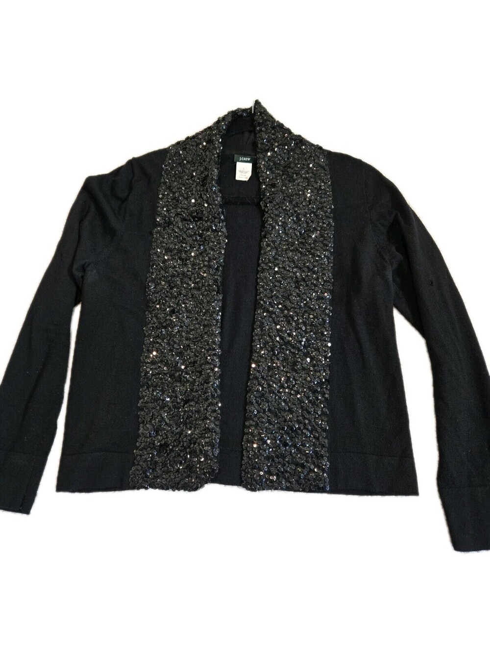 j crew merino Open cardigan Silk Shawl Lining Black Sequins Topper Women's Sz L